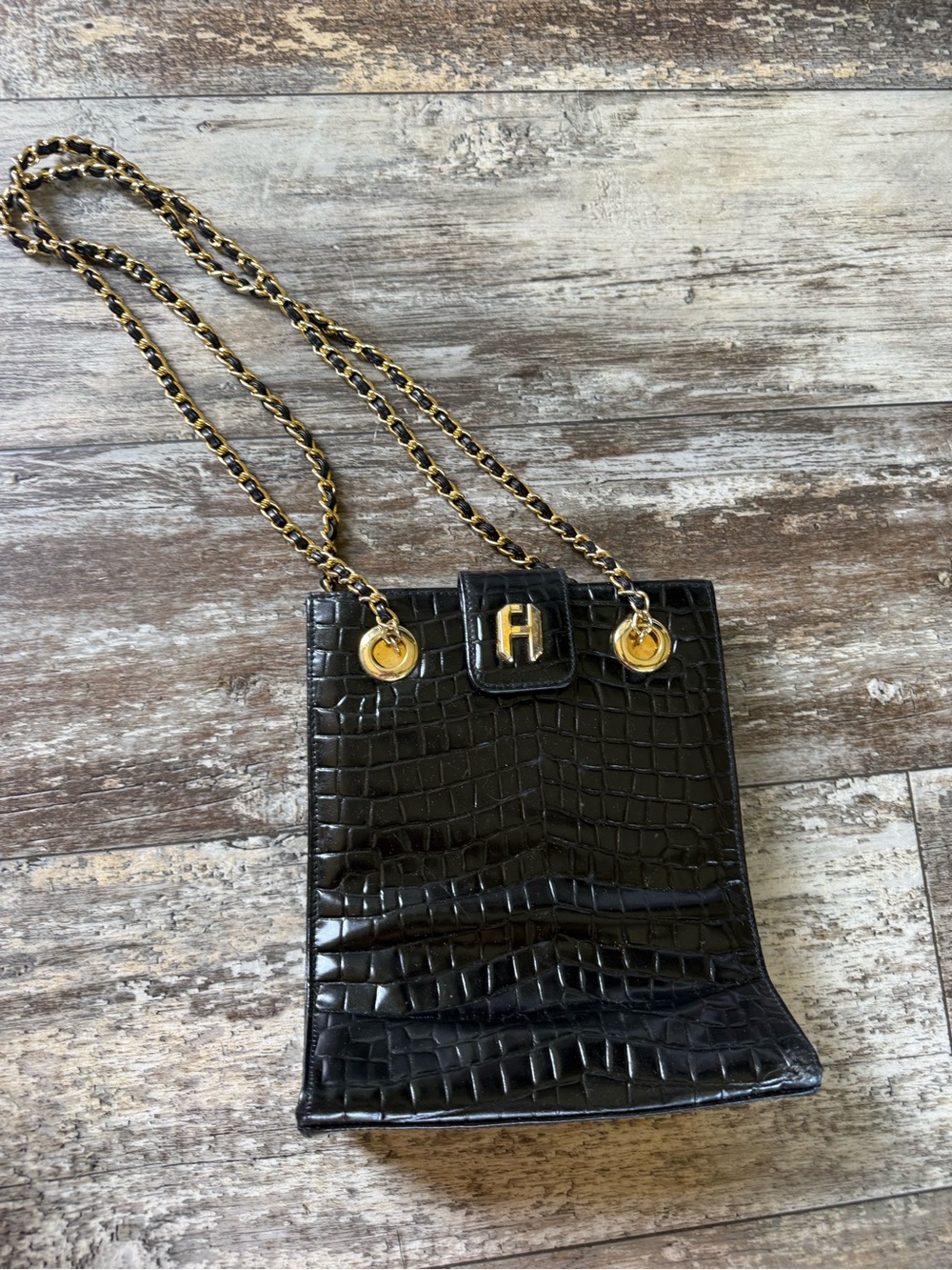 Vintage Fred Hayman Beverly Hills black patent leather croc embossed purse